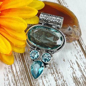 Large Faceted Blue Topaz Pendant Handmade Antique Design 925 Silver Statement